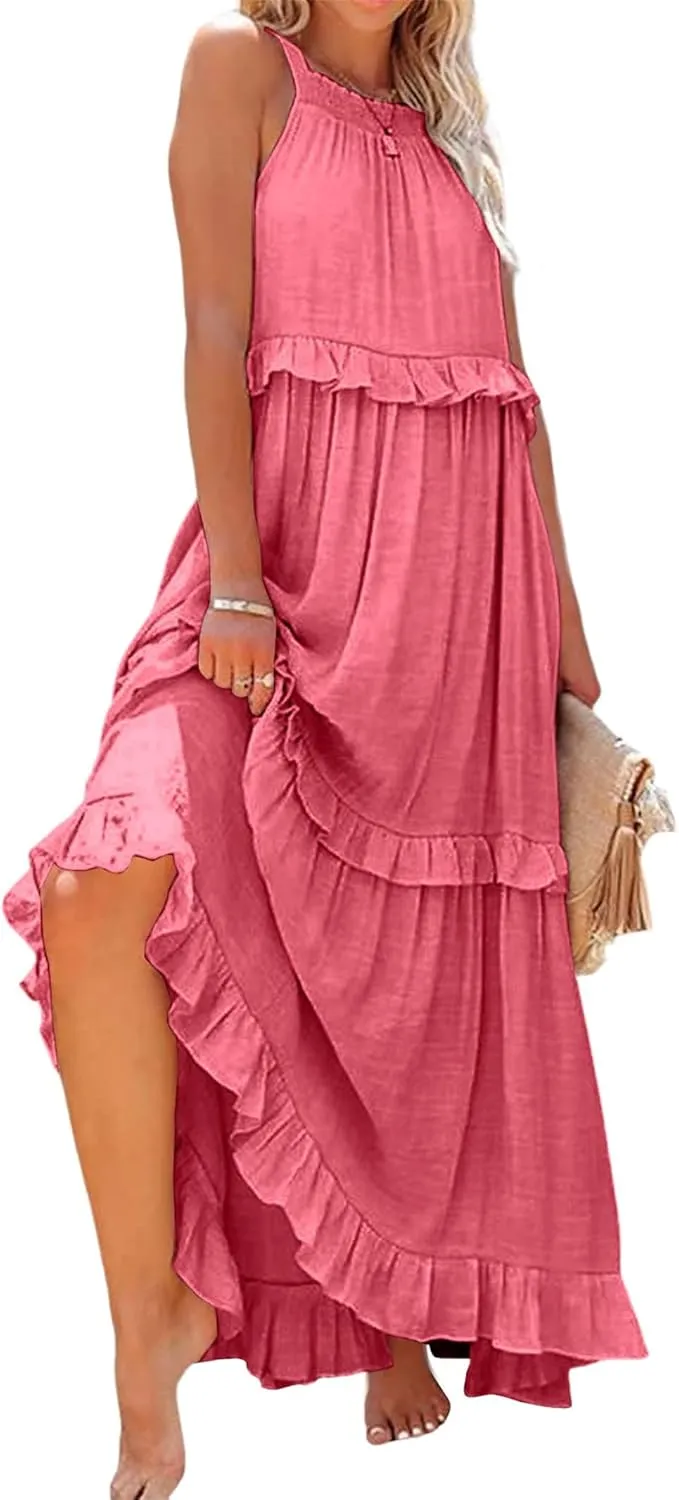 Wedding Guest Dress for Women Sleeveless Tank Tops Maxi Dress Ruffle Tiered Fashion Dresses Casual Layered Dresses
