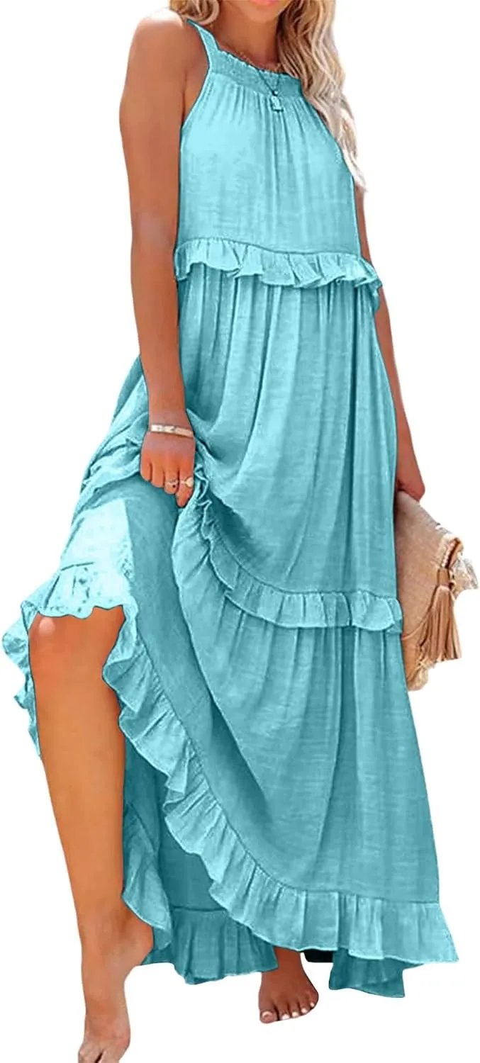 Wedding Guest Dress for Women Sleeveless Tank Tops Maxi Dress Ruffle Tiered Fashion Dresses Casual Layered Dresses