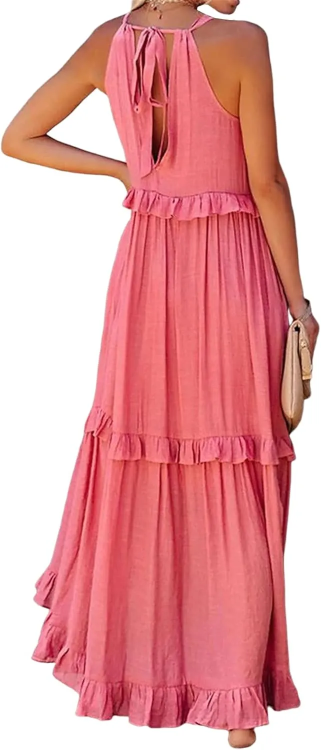 Wedding Guest Dress for Women Sleeveless Tank Tops Maxi Dress Ruffle Tiered Fashion Dresses Casual Layered Dresses