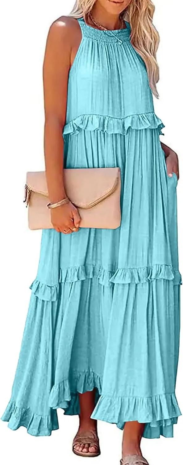 Wedding Guest Dress for Women Sleeveless Tank Tops Maxi Dress Ruffle Tiered Fashion Dresses Casual Layered Dresses
