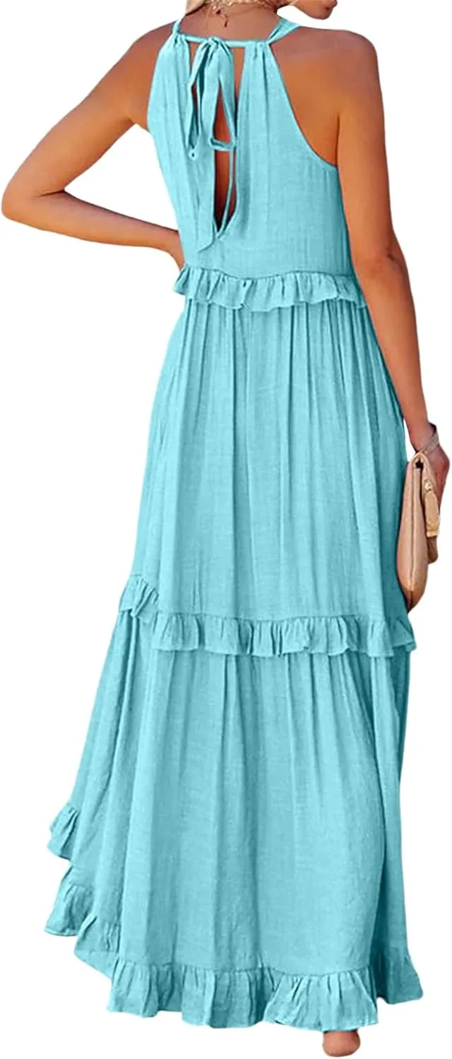 Wedding Guest Dress for Women Sleeveless Tank Tops Maxi Dress Ruffle Tiered Fashion Dresses Casual Layered Dresses