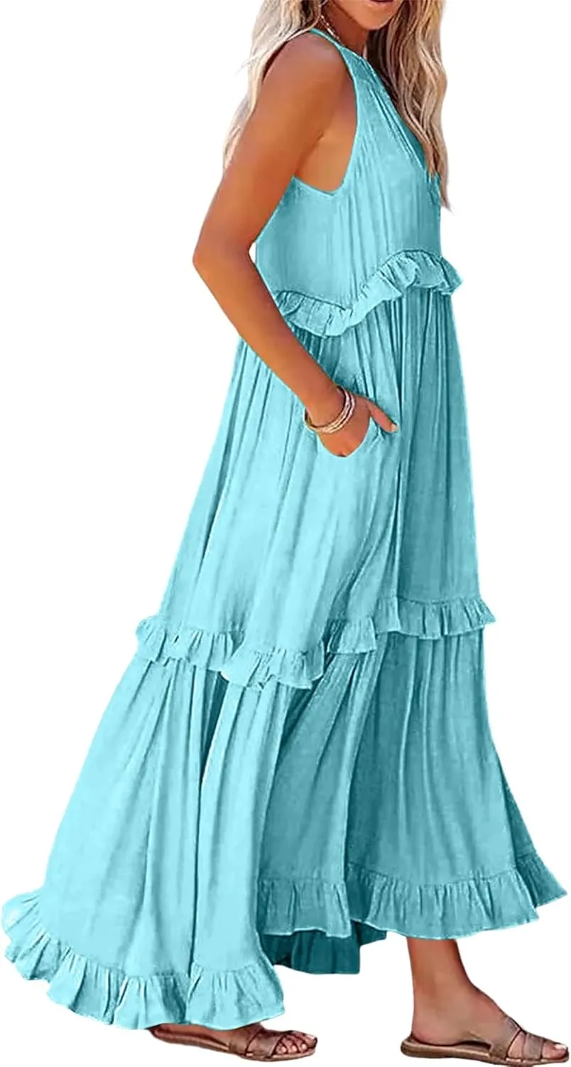 Wedding Guest Dress for Women Sleeveless Tank Tops Maxi Dress Ruffle Tiered Fashion Dresses Casual Layered Dresses