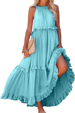 Wedding Guest Dress for Women Sleeveless Tank Tops Maxi Dress Ruffle Tiered Fashion Dresses Casual Layered Dresses