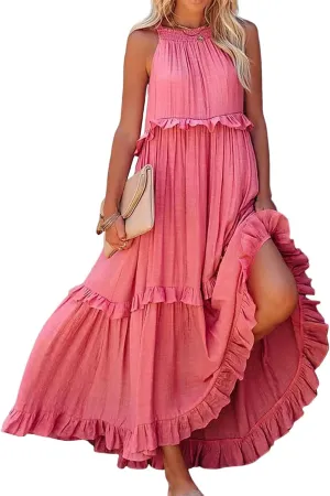 Wedding Guest Dress for Women Sleeveless Tank Tops Maxi Dress Ruffle Tiered Fashion Dresses Casual Layered Dresses