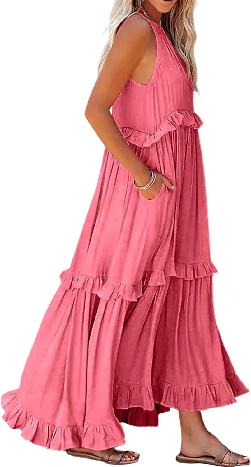 Wedding Guest Dress for Women Sleeveless Tank Tops Maxi Dress Ruffle Tiered Fashion Dresses Casual Layered Dresses