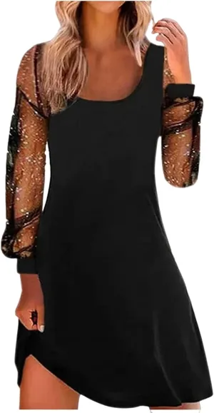 Wedding Guest Dress for Women Summer Fashion Sequin Dresses Long Sleeve Square Neck Mesh Mini Dress Dressy Dresses