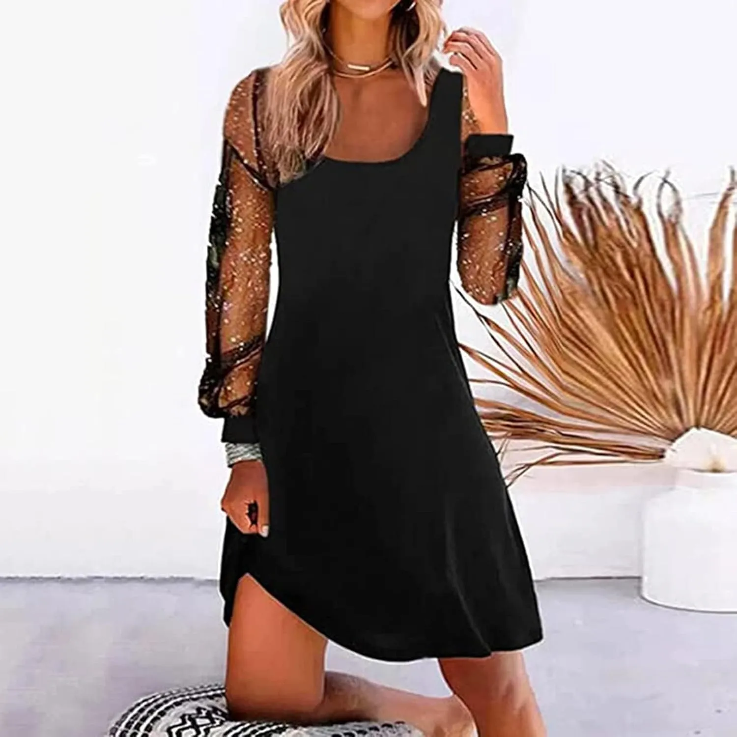 Wedding Guest Dress for Women Summer Fashion Sequin Dresses Long Sleeve Square Neck Mesh Mini Dress Dressy Dresses