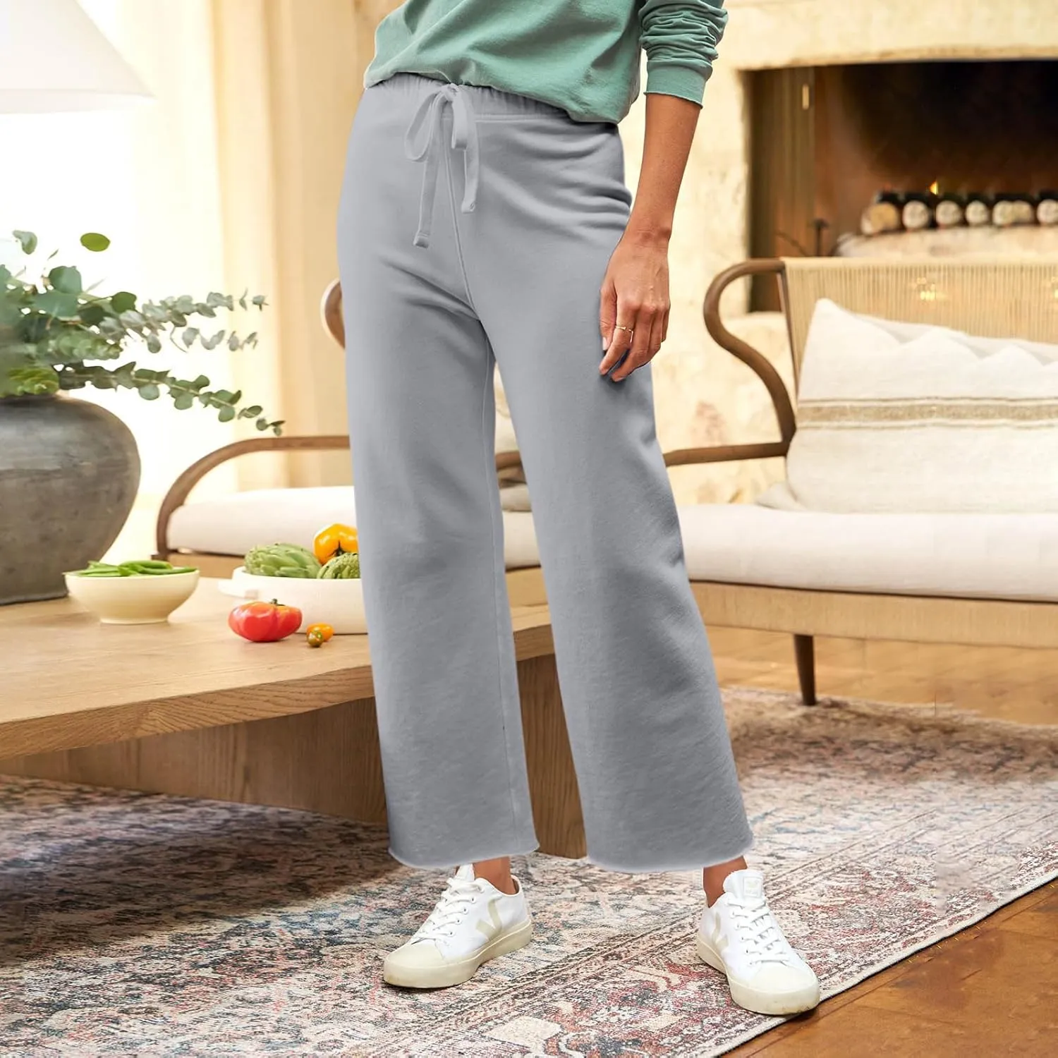 Wide Leg Lounge Pants for Women Workout High Waisted Sweatpants Pull On Ankle Pants Straight Leg Yoga Pants w/Pockets