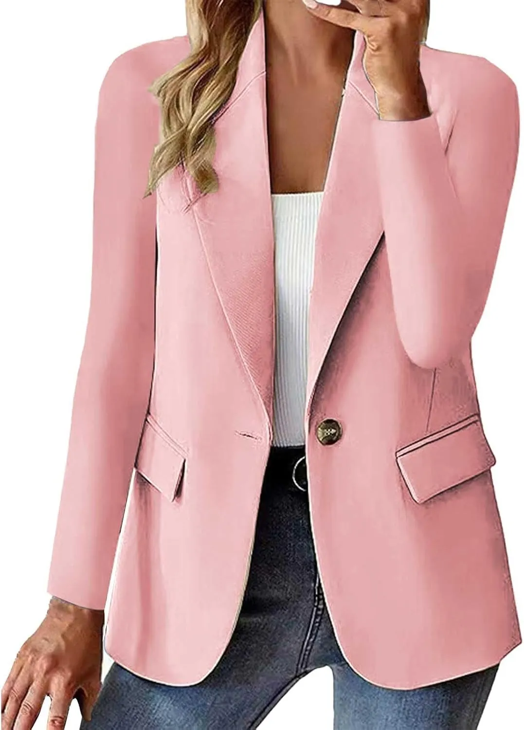Women Blazers for Work Casual Button Lapel Open Front Business Blazer Dressy Long Sleeve Suit Jackets with Pocket