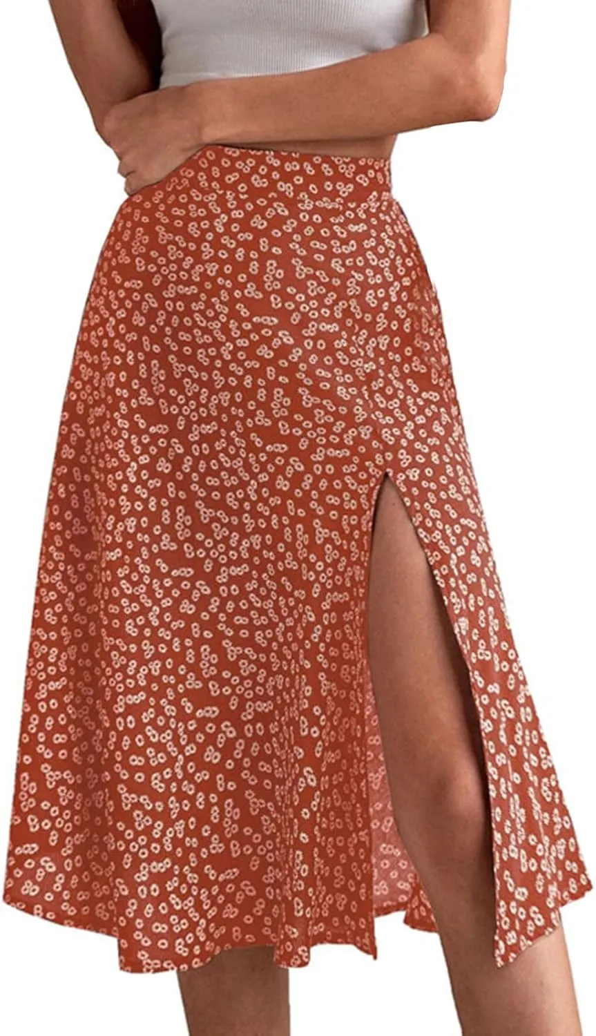 Women Boho Long Skirts Casual High Waist Floral Print Skirt Low Split Summer Beach Midi Wrap Skirts