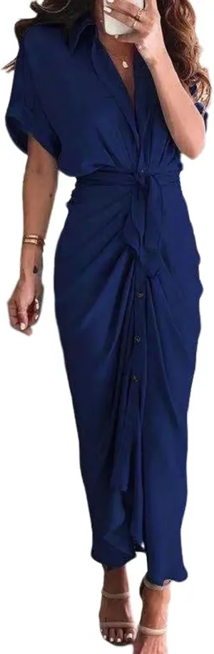 Women Button Down Ruched Shirt Dresses Lapel V Neck Short Sleeve Maxi Shirt Dress Elegant Cocktail Party Dresses