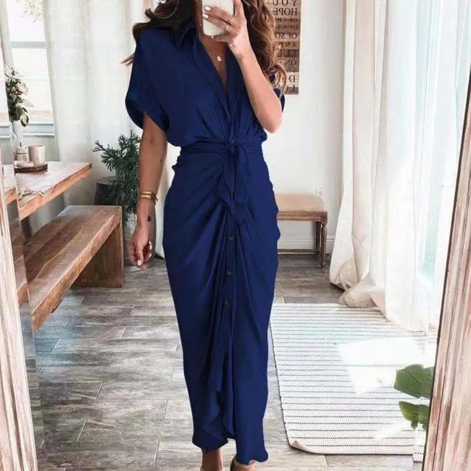 Women Button Down Ruched Shirt Dresses Lapel V Neck Short Sleeve Maxi Shirt Dress Elegant Cocktail Party Dresses