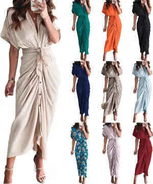 Women Button Down Ruched Shirt Dresses Lapel V Neck Short Sleeve Maxi Shirt Dress Elegant Cocktail Party Dresses