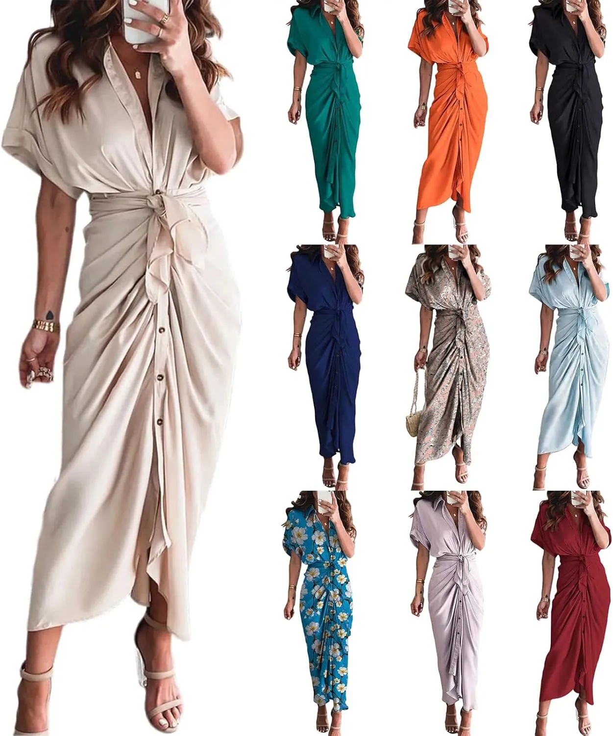 Women Button Down Ruched Shirt Dresses Lapel V Neck Short Sleeve Maxi Shirt Dress Elegant Cocktail Party Dresses