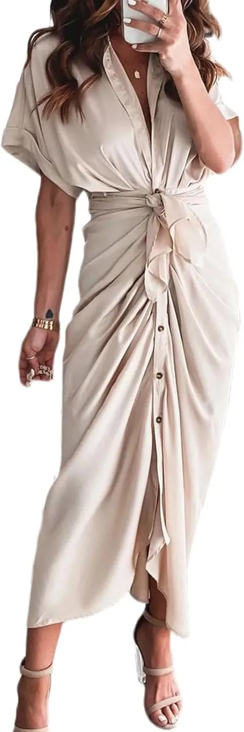 Women Button Down Ruched Shirt Dresses Lapel V Neck Short Sleeve Maxi Shirt Dress Elegant Cocktail Party Dresses