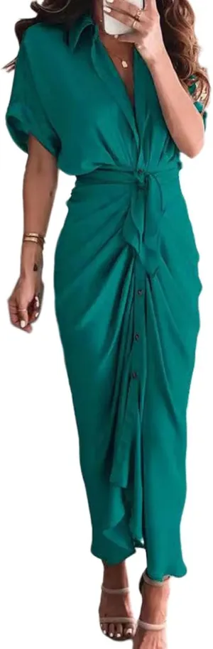 Women Button Down Ruched Shirt Dresses Lapel V Neck Short Sleeve Maxi Shirt Dress Elegant Cocktail Party Dresses