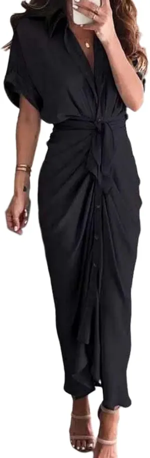 Women Button Down Ruched Shirt Dresses Lapel V Neck Short Sleeve Maxi Shirt Dress Elegant Cocktail Party Dresses
