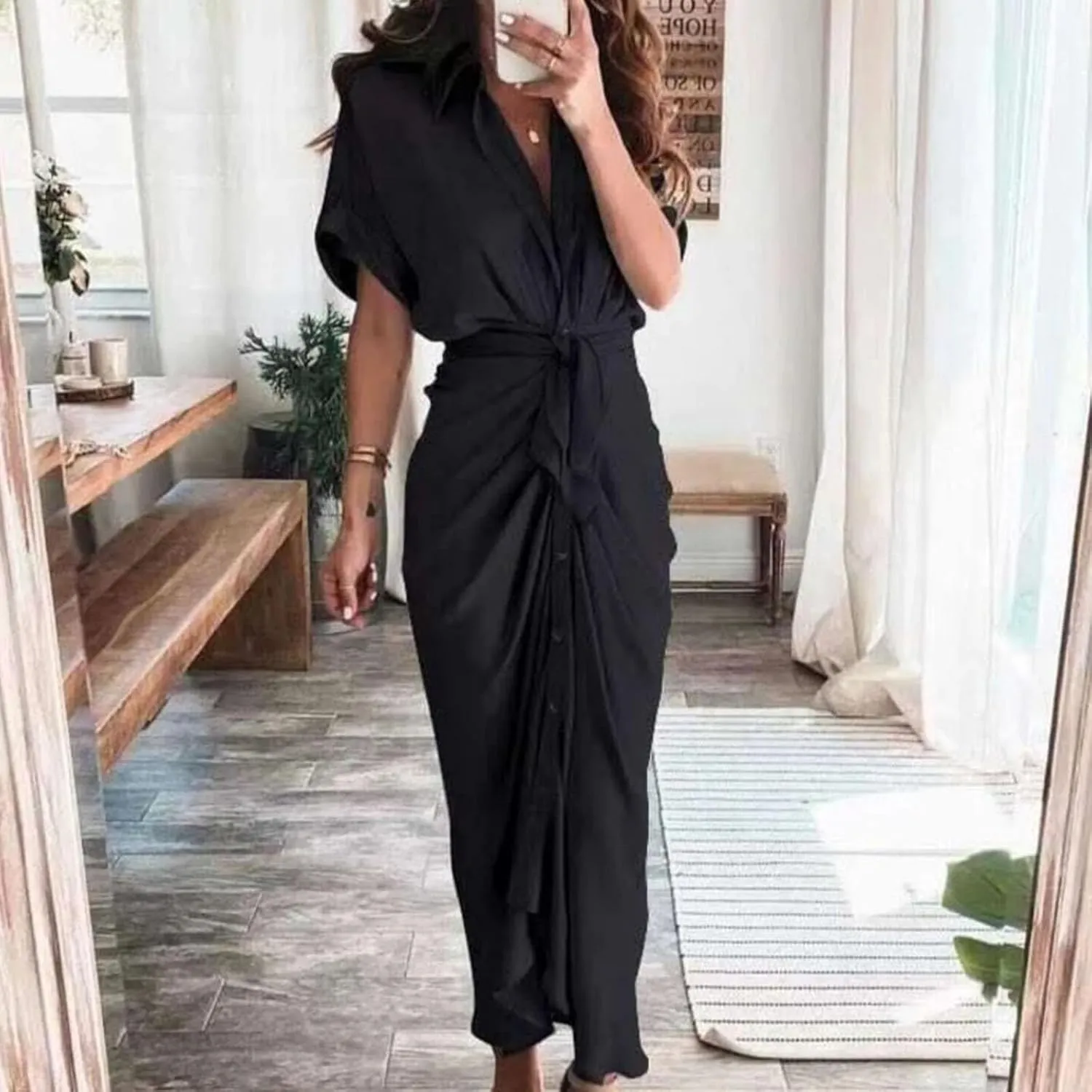 Women Button Down Ruched Shirt Dresses Lapel V Neck Short Sleeve Maxi Shirt Dress Elegant Cocktail Party Dresses