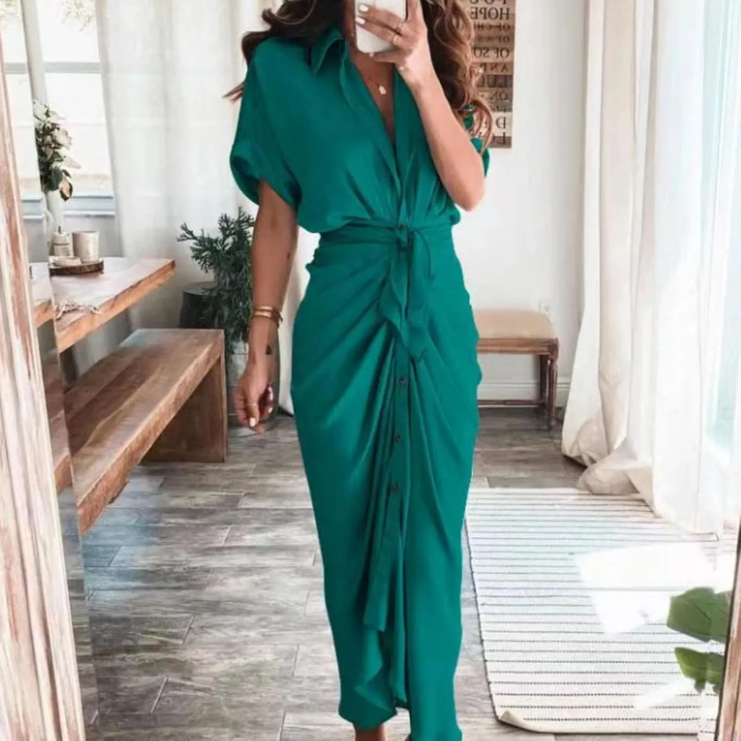 Women Button Down Ruched Shirt Dresses Lapel V Neck Short Sleeve Maxi Shirt Dress Elegant Cocktail Party Dresses