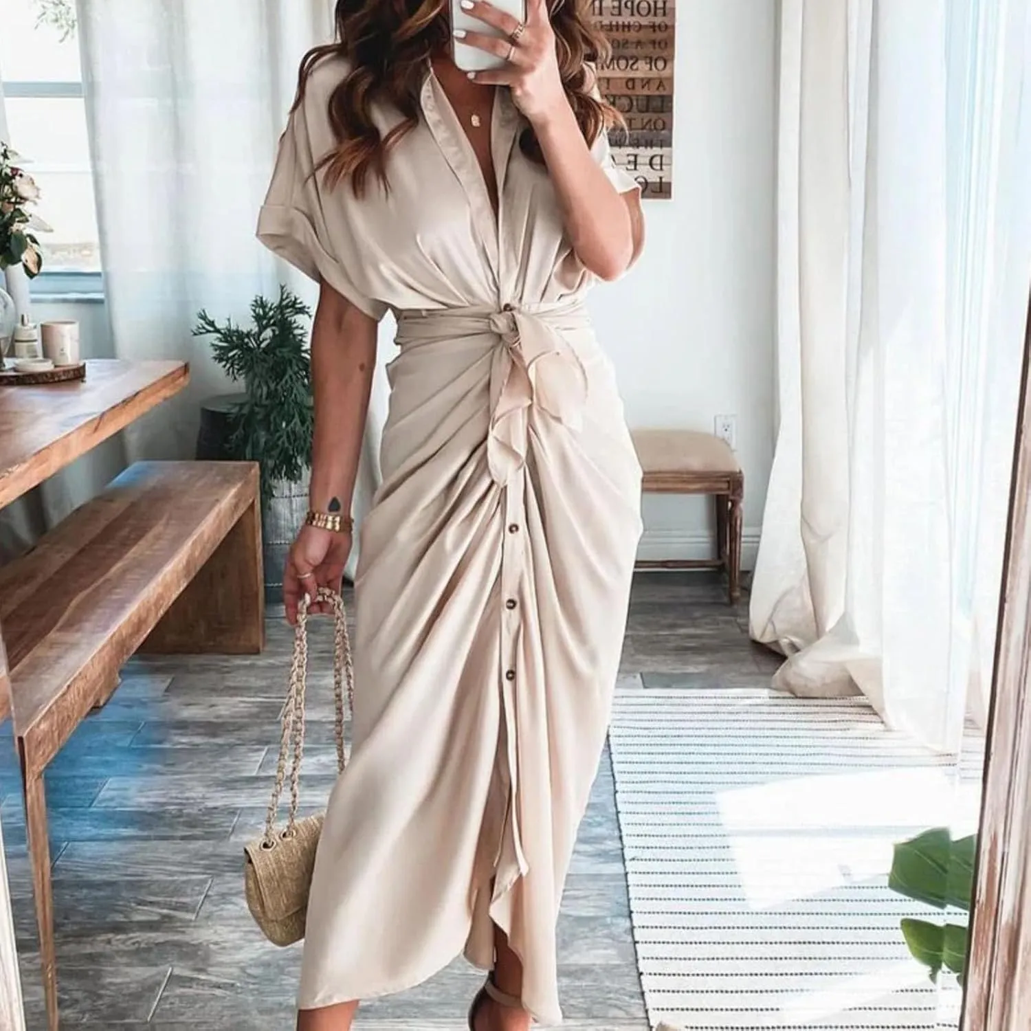 Women Button Down Ruched Shirt Dresses Lapel V Neck Short Sleeve Maxi Shirt Dress Elegant Cocktail Party Dresses