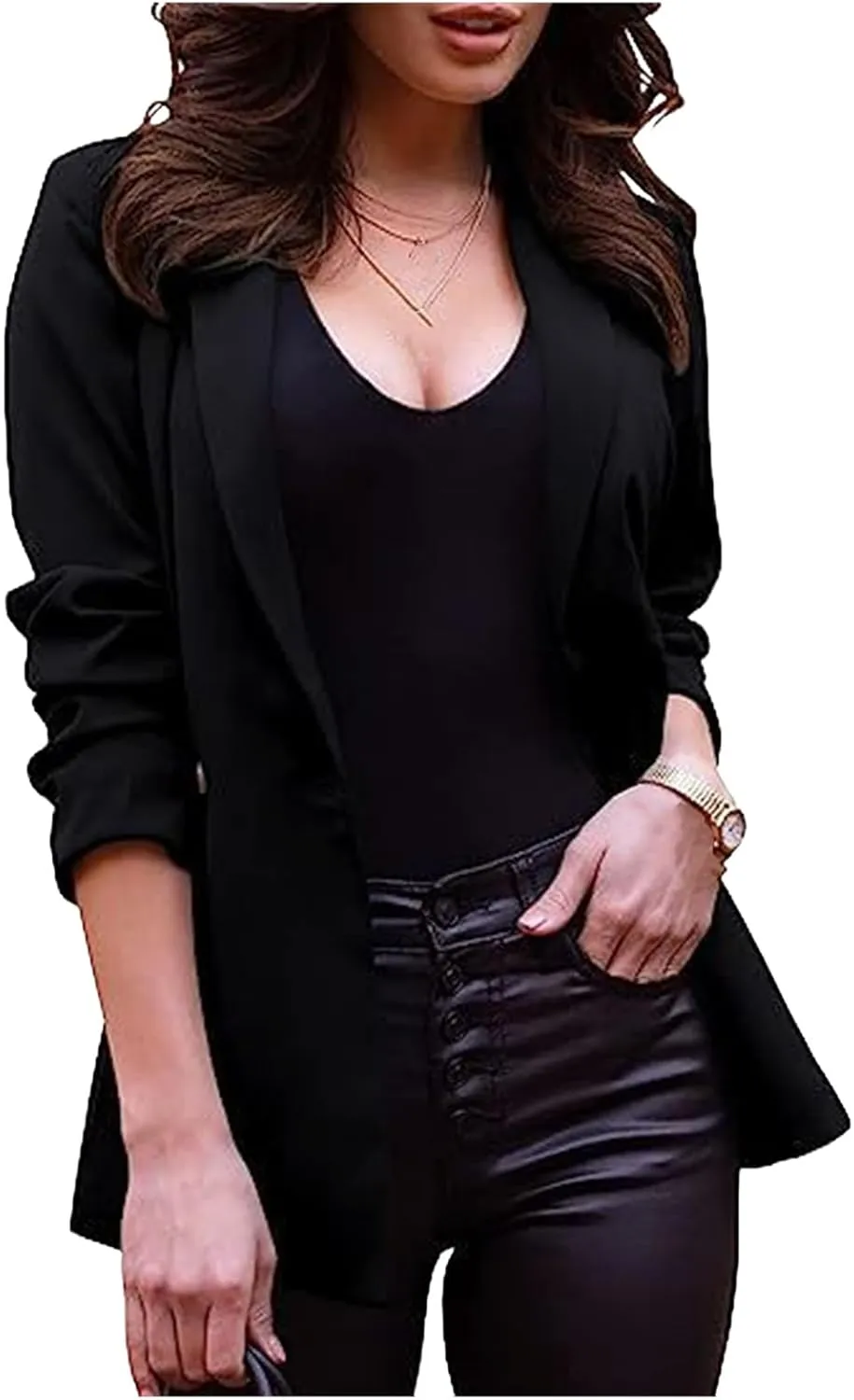 Women Casual Blazer Busniess Long Sleeve Jacket Lightweight Button Work Suit Open Front Cardigan Outwear