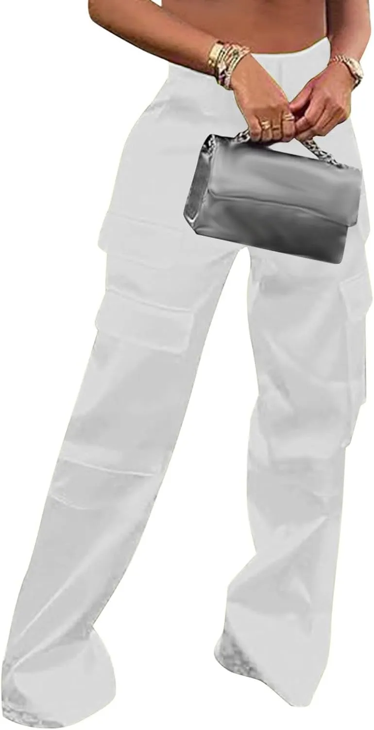 Women Casual Cargo Pants Loose Fit High Waist Multiple Pockets Straight Wide Leg Long Trousers Soft Cosy