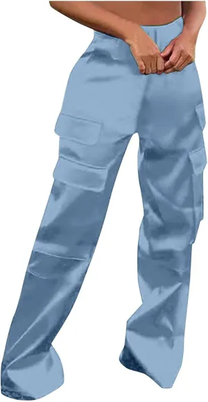 Women Casual Cargo Pants Loose Fit High Waist Multiple Pockets Straight Wide Leg Long Trousers Soft Cosy