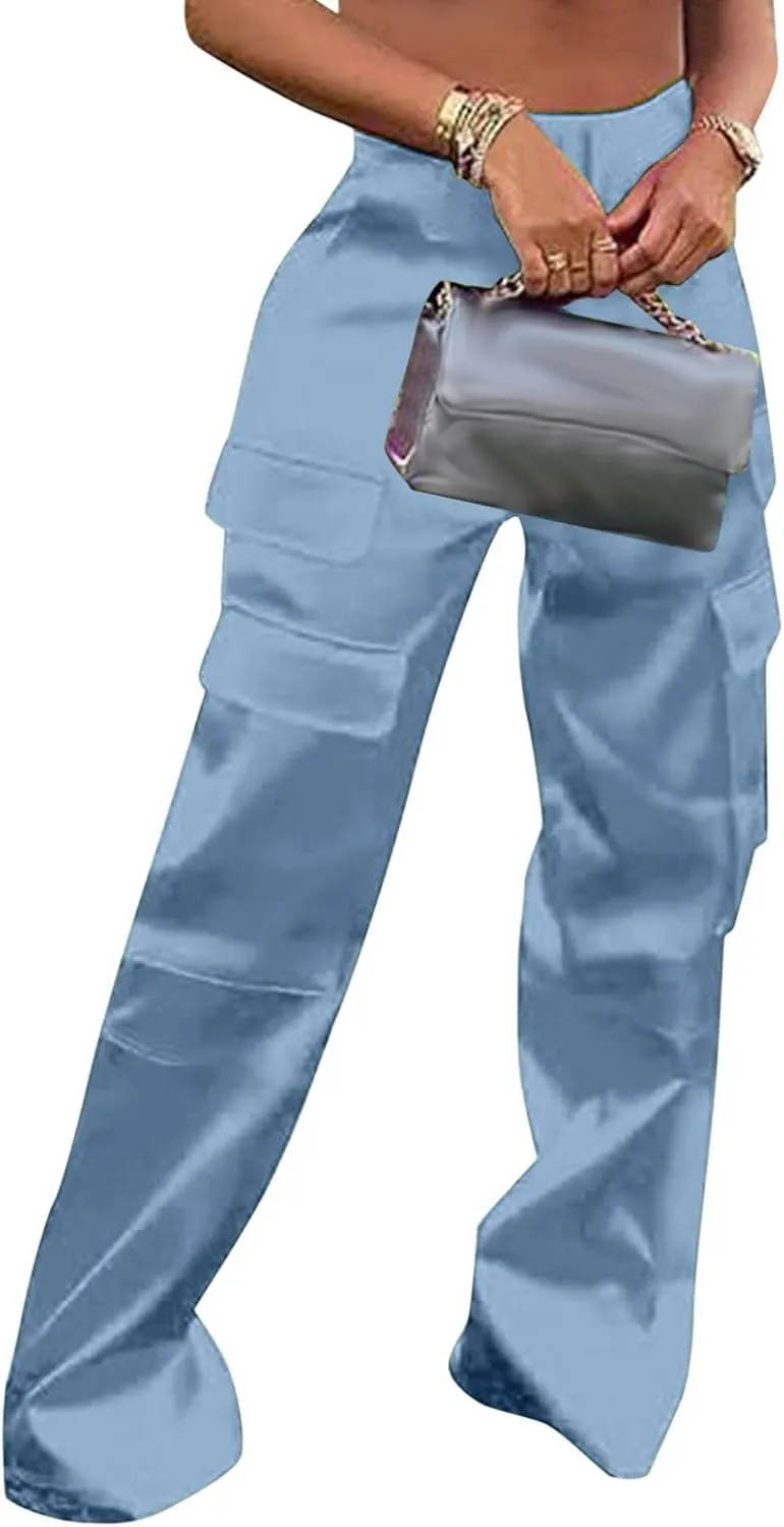 Women Casual Cargo Pants Loose Fit High Waist Multiple Pockets Straight Wide Leg Long Trousers Soft Cosy