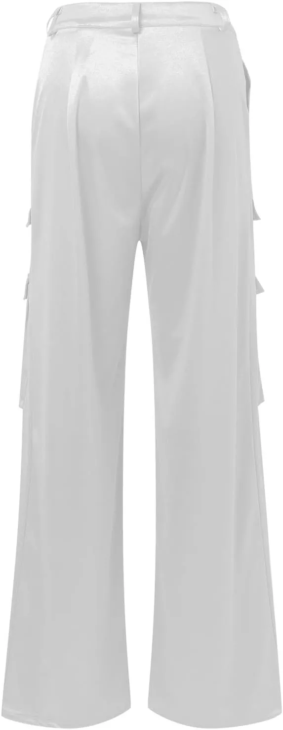 Women Casual Cargo Pants Loose Fit High Waist Multiple Pockets Straight Wide Leg Long Trousers Soft Cosy