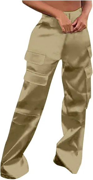 Women Casual Cargo Pants Loose Fit High Waist Multiple Pockets Straight Wide Leg Long Trousers Soft Cosy