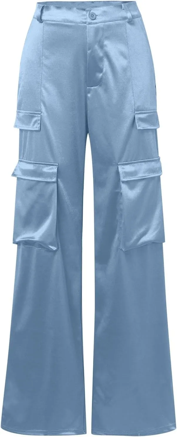Women Casual Cargo Pants Loose Fit High Waist Multiple Pockets Straight Wide Leg Long Trousers Soft Cosy