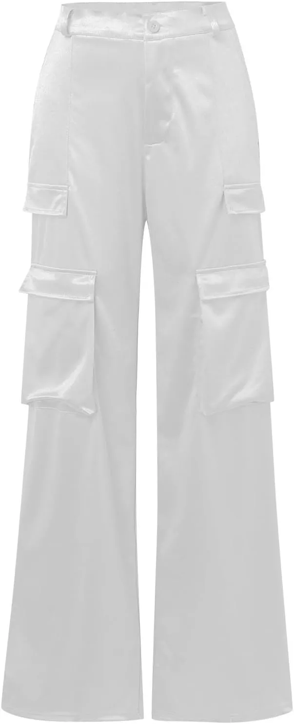 Women Casual Cargo Pants Loose Fit High Waist Multiple Pockets Straight Wide Leg Long Trousers Soft Cosy