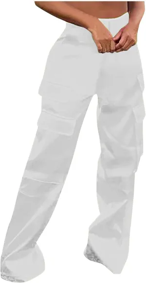 Women Casual Cargo Pants Loose Fit High Waist Multiple Pockets Straight Wide Leg Long Trousers Soft Cosy