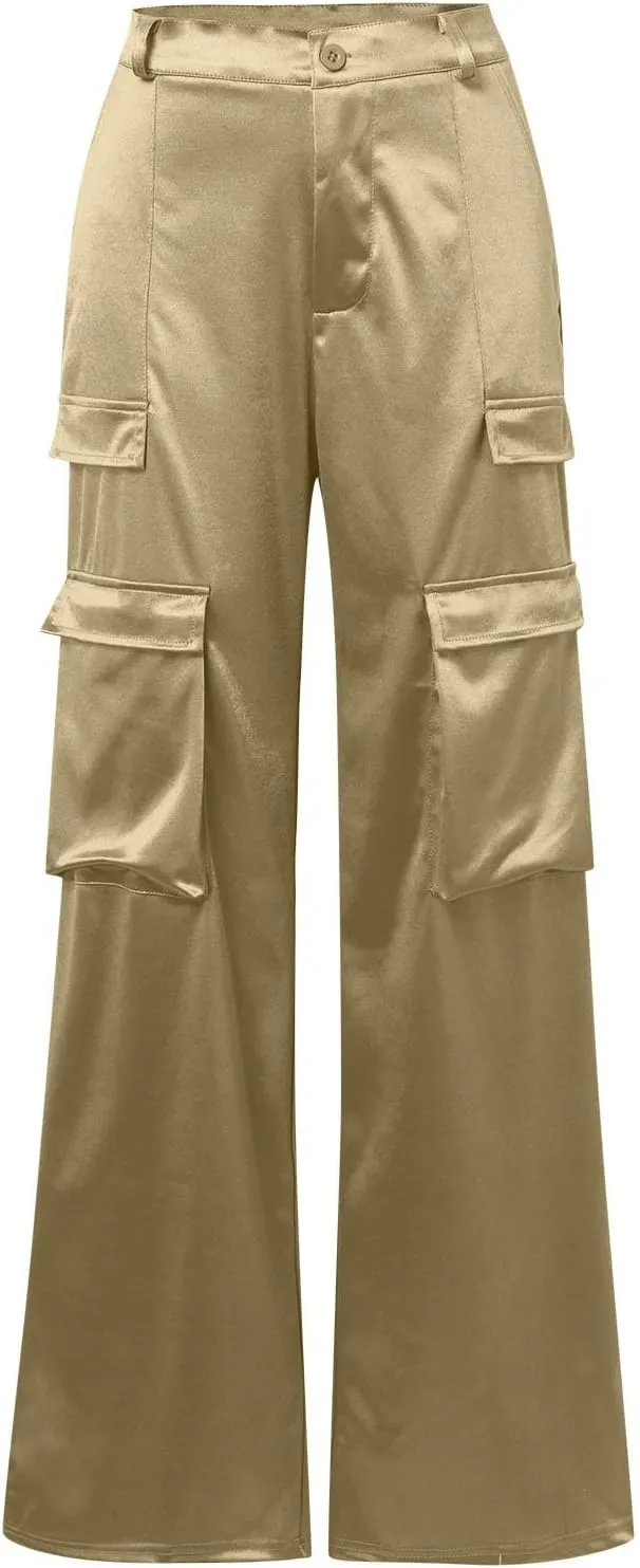 Women Casual Cargo Pants Loose Fit High Waist Multiple Pockets Straight Wide Leg Long Trousers Soft Cosy