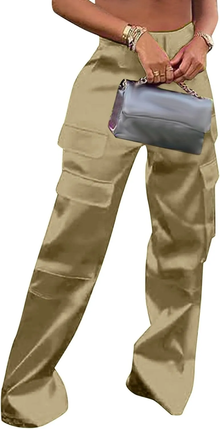 Women Casual Cargo Pants Loose Fit High Waist Multiple Pockets Straight Wide Leg Long Trousers Soft Cosy