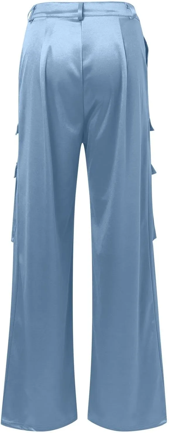Women Casual Cargo Pants Loose Fit High Waist Multiple Pockets Straight Wide Leg Long Trousers Soft Cosy