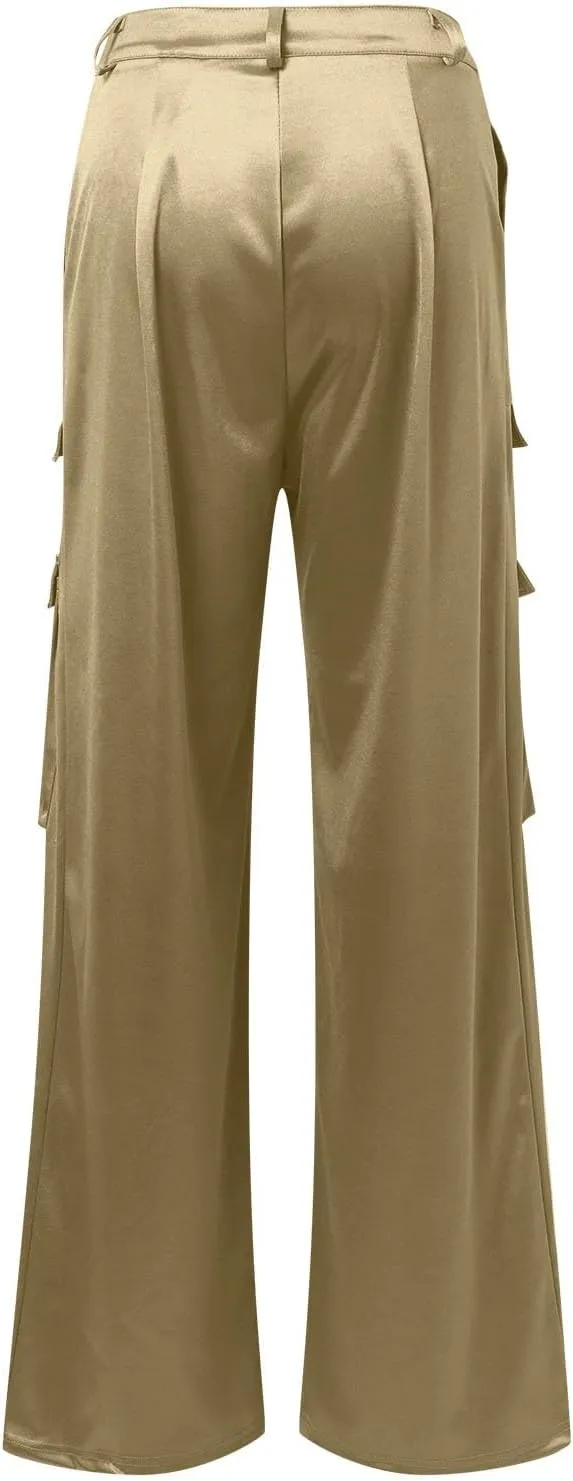 Women Casual Cargo Pants Loose Fit High Waist Multiple Pockets Straight Wide Leg Long Trousers Soft Cosy