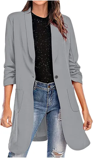 Women Casual Pockets Blazer Long Sleeve Single Button Ladies Elegant Boyfriend Suit Jacket for Office Work Business