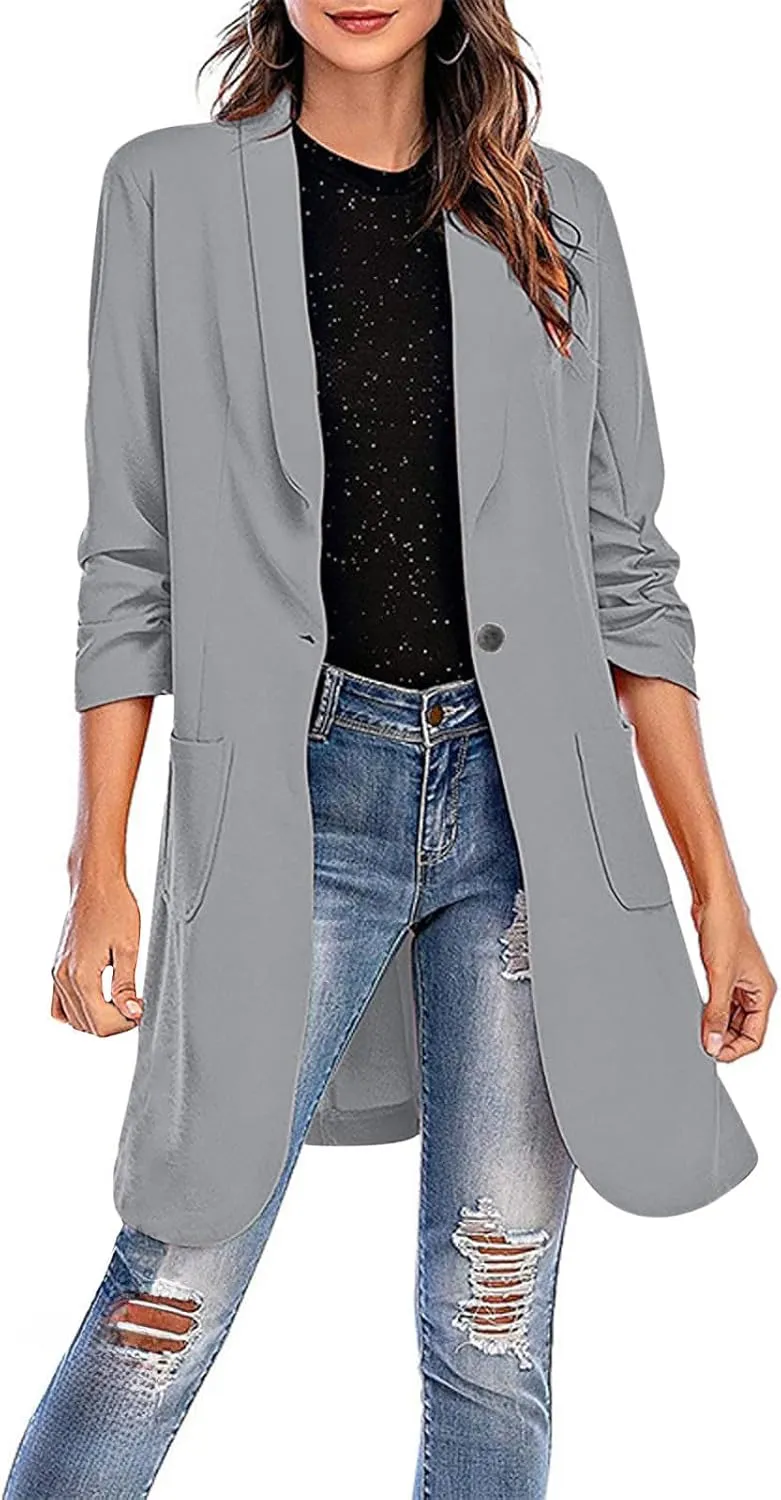 Women Casual Pockets Blazer Long Sleeve Single Button Ladies Elegant Boyfriend Suit Jacket for Office Work Business