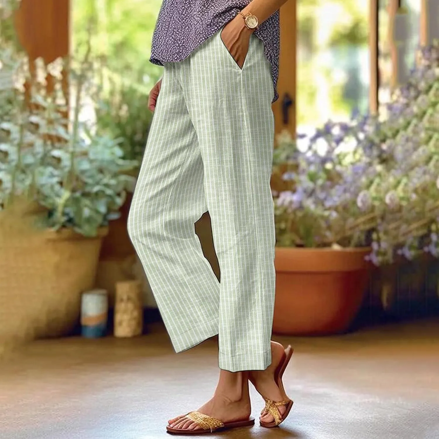 Women Cotton Linen Pants Elastic Waist Capri Wide Leg Cropped High Waist Comfy Loose Trousers with Pockets
