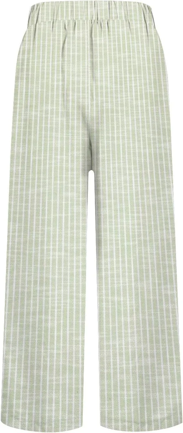 Women Cotton Linen Pants Elastic Waist Capri Wide Leg Cropped High Waist Comfy Loose Trousers with Pockets