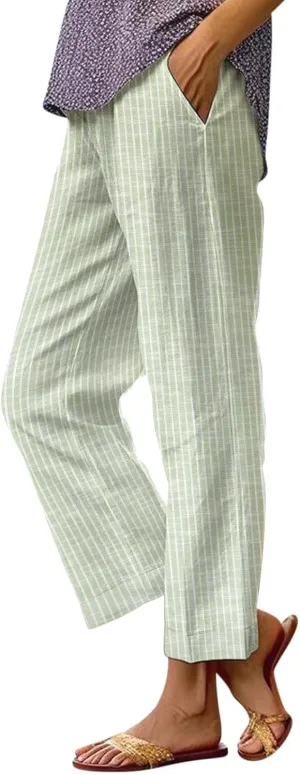 Women Cotton Linen Pants Elastic Waist Capri Wide Leg Cropped High Waist Comfy Loose Trousers with Pockets