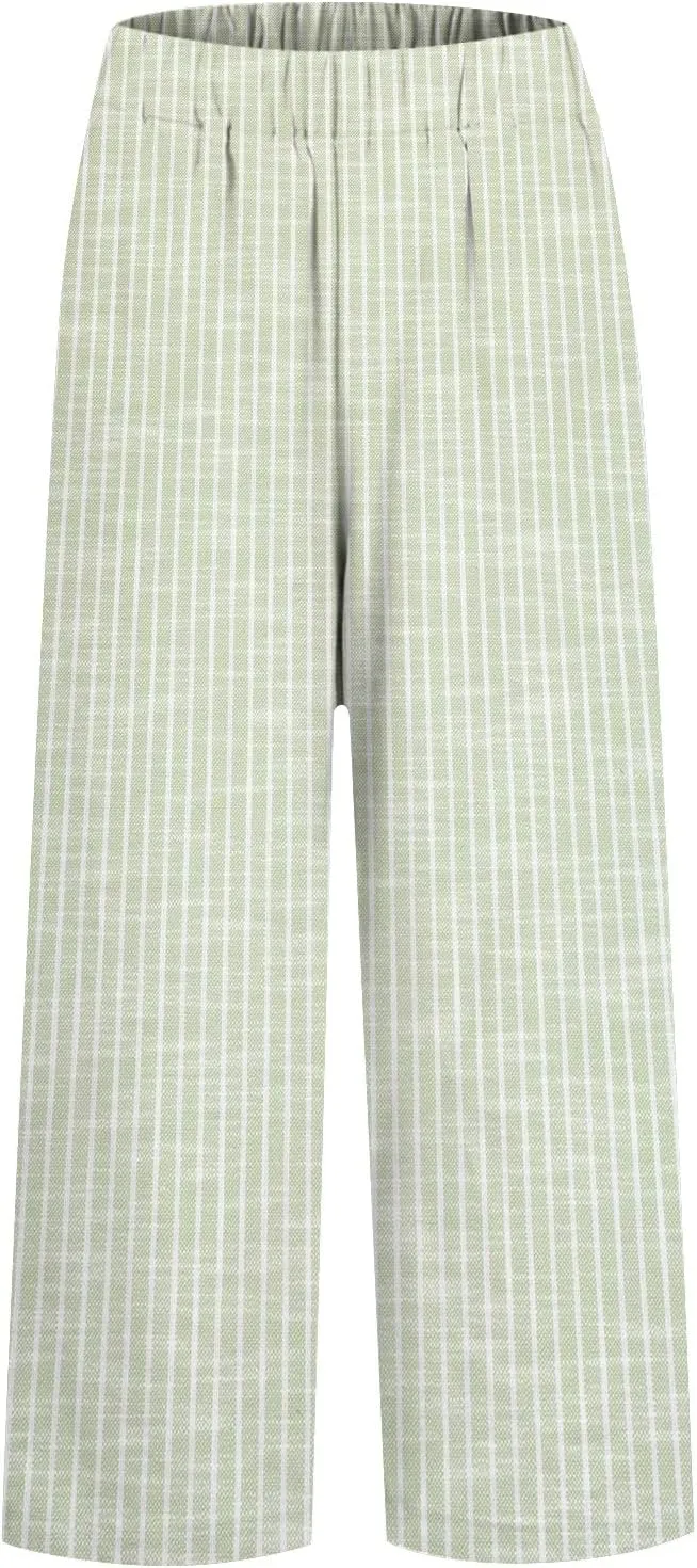 Women Cotton Linen Pants Elastic Waist Capri Wide Leg Cropped High Waist Comfy Loose Trousers with Pockets