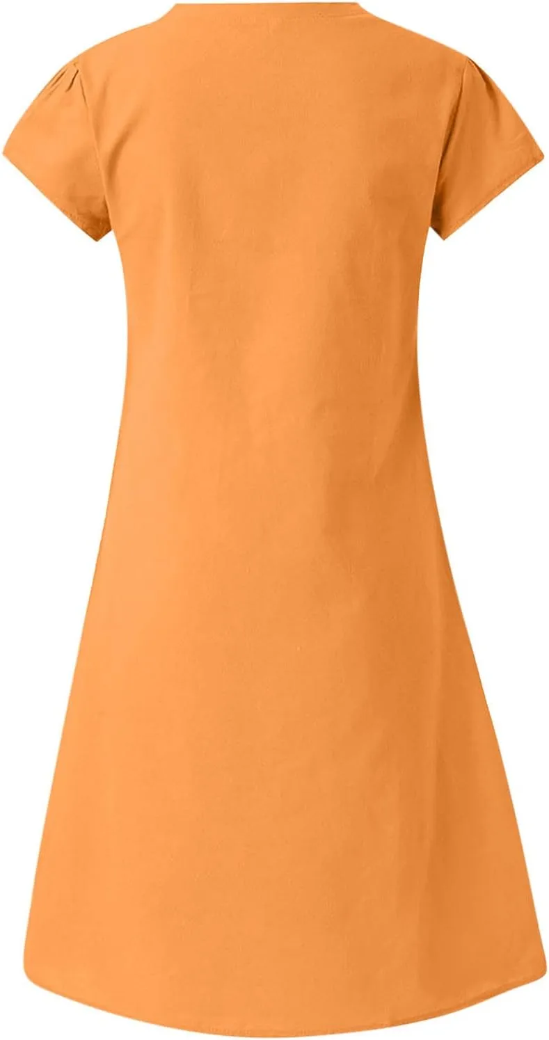 Women Cotton Linen T Shirt Dress V Neck Short Sleeve Summer Causal Tunic Beach Dresses 2025 Trendy Vacation Outfits