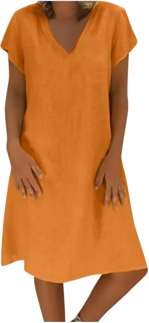 Women Cotton Linen T Shirt Dress V Neck Short Sleeve Summer Causal Tunic Beach Dresses 2025 Trendy Vacation Outfits