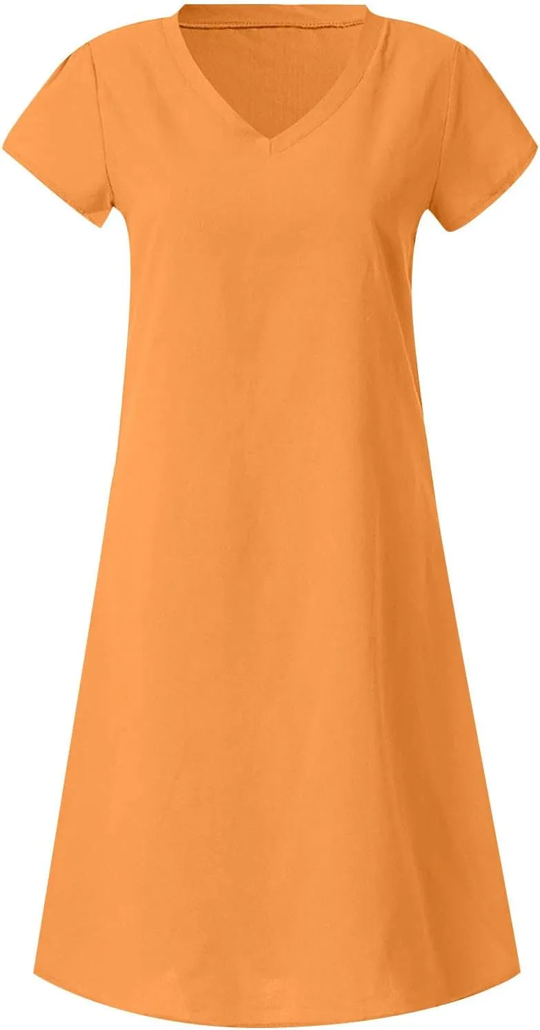 Women Cotton Linen T Shirt Dress V Neck Short Sleeve Summer Causal Tunic Beach Dresses 2025 Trendy Vacation Outfits