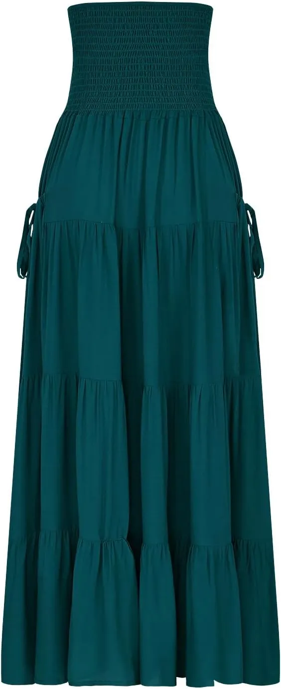 Women Fashion Beach Skirt Summer Solid Boho Flowy Tiered A-Line Skirts Casual Drawstring Elastic Waist Pleated Skirt