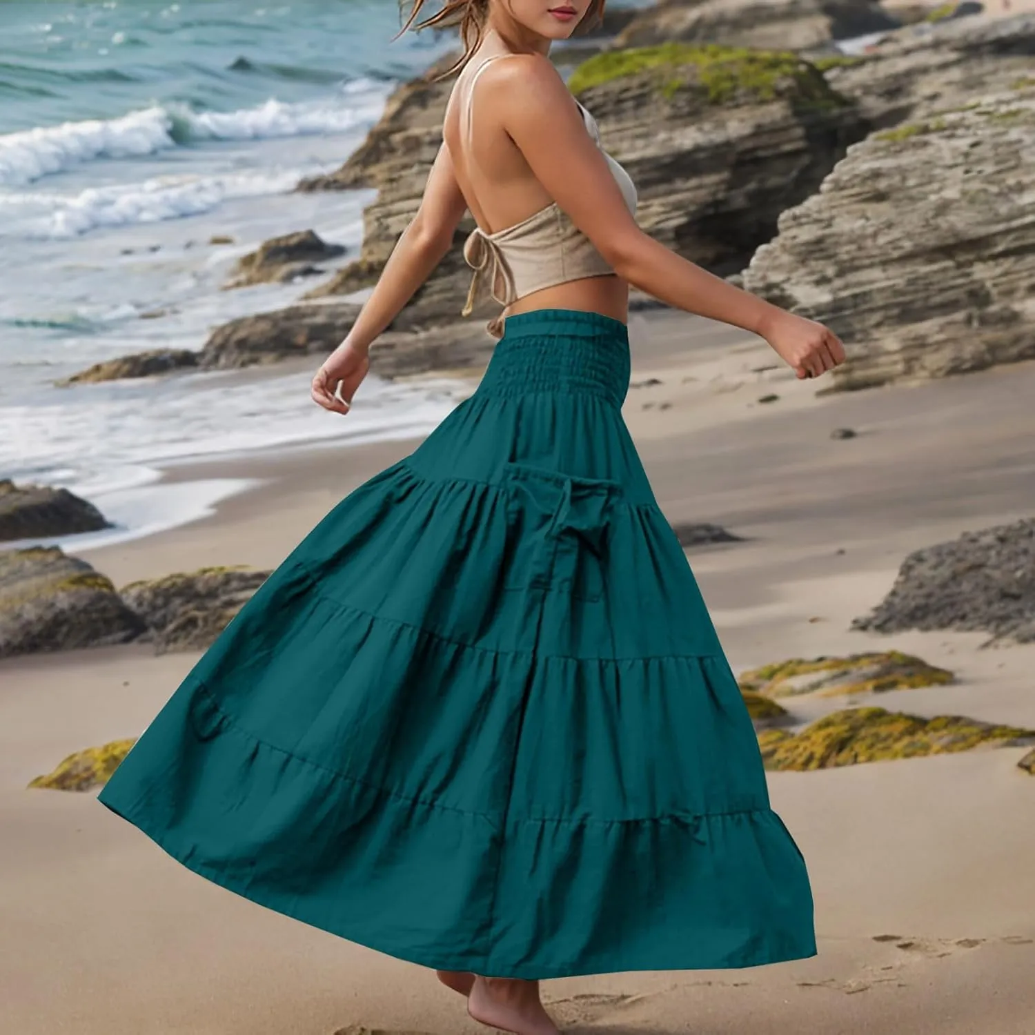 Women Fashion Beach Skirt Summer Solid Boho Flowy Tiered A-Line Skirts Casual Drawstring Elastic Waist Pleated Skirt