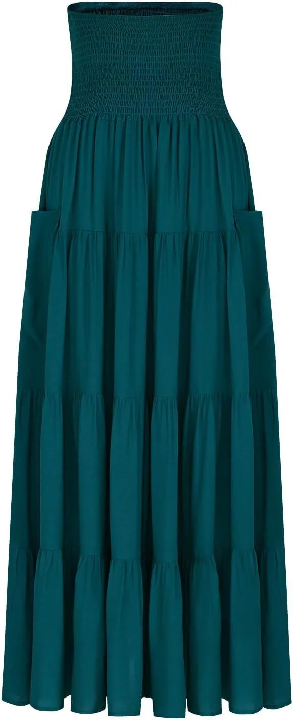 Women Fashion Beach Skirt Summer Solid Boho Flowy Tiered A-Line Skirts Casual Drawstring Elastic Waist Pleated Skirt