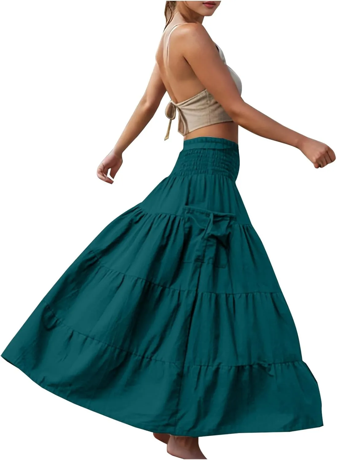 Women Fashion Beach Skirt Summer Solid Boho Flowy Tiered A-Line Skirts Casual Drawstring Elastic Waist Pleated Skirt